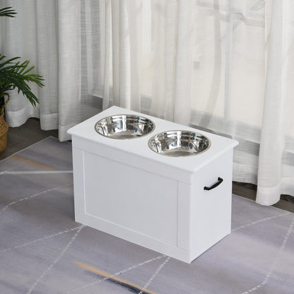 Raised Dog Bowls Pet Feeding Storage Station with 2 Stainless Steel Bowls Base for Large Dogs and Other Large Pets, White