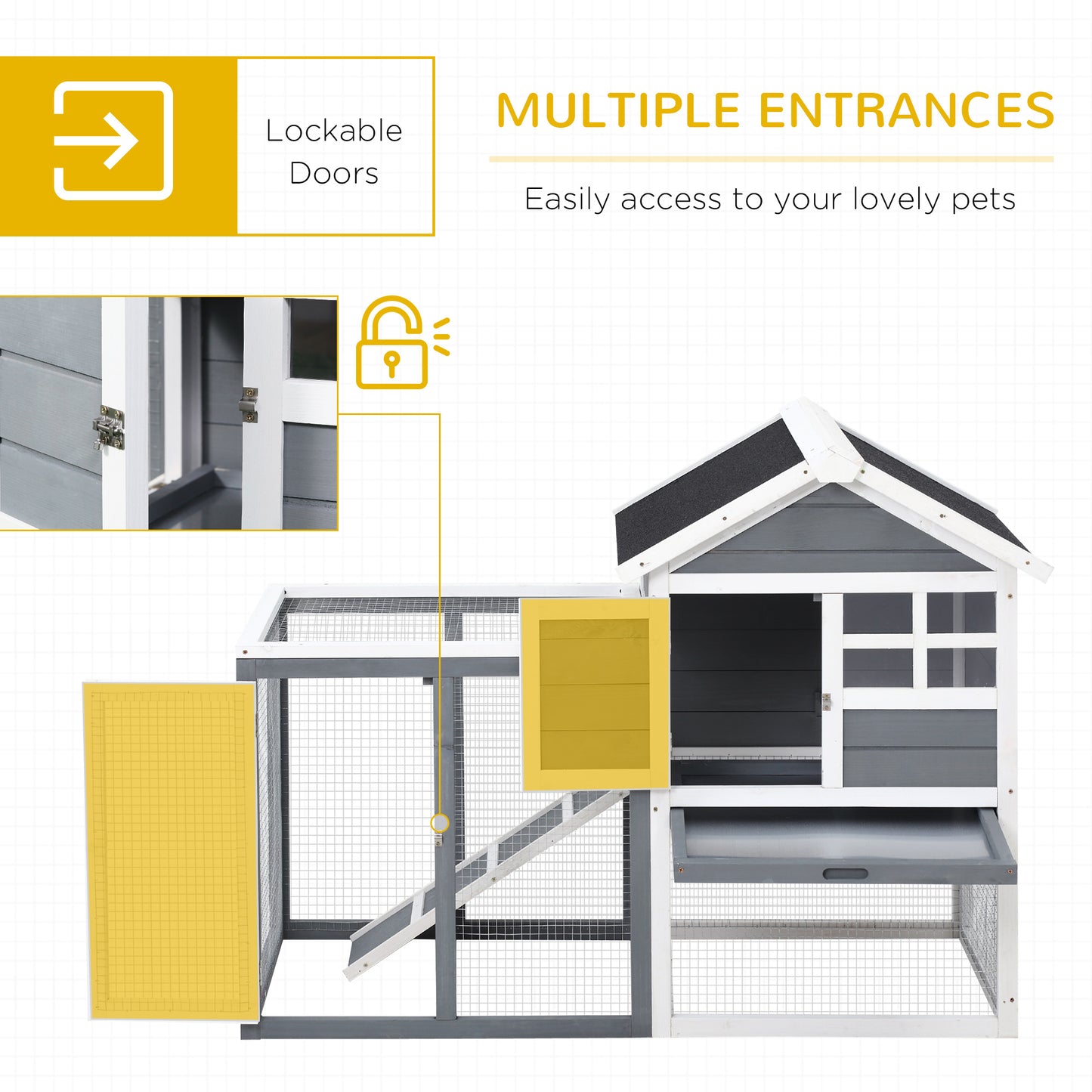 2 Tier Rabbit Hutch Outdoor, Wooden Guinea Pig Hutch, Bunny Cage Small Animal House with Ramp Rabbit Run Pull Out Tray, Grey, 122 x 62.6 x 92 cm