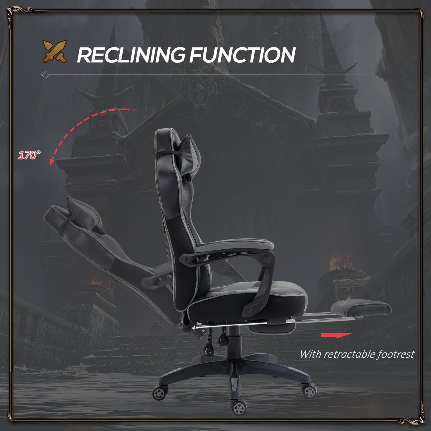 Vinsetto Ergonomic Racing Gaming Chair Office Desk Chair Adjustable Height Recliner with Wheels, Headrest, Lumbar Support, Retractable Footrest Home Office, Grey