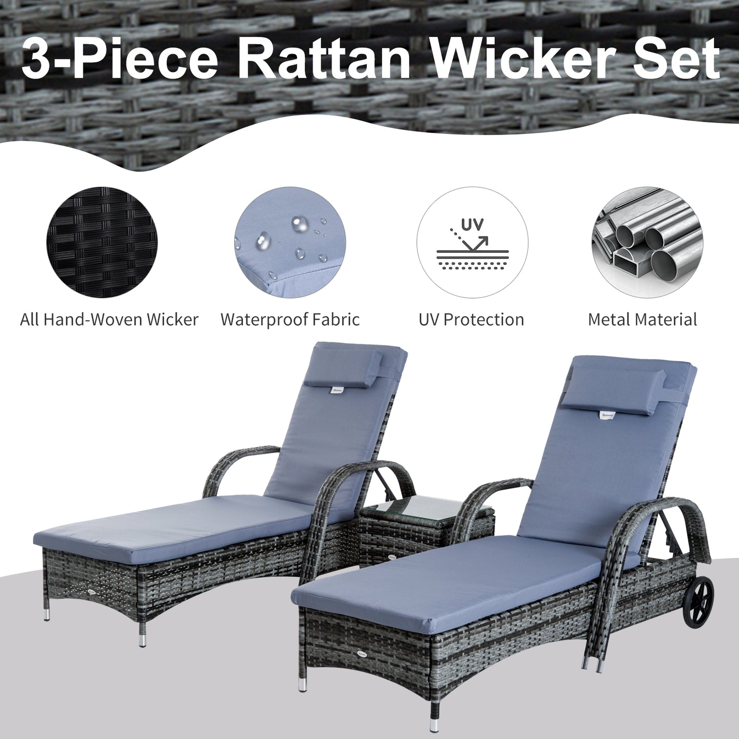 3 Piece Rattan Sun Loungers with Cushions & Coffee Table - Grey