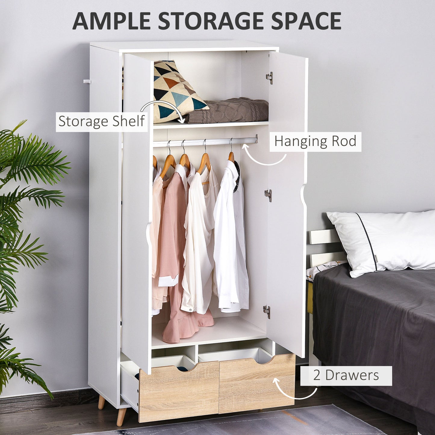 ELEGANT Wardobe: Fresh white in colour, with wood-effect bottom drawers for a complementary look