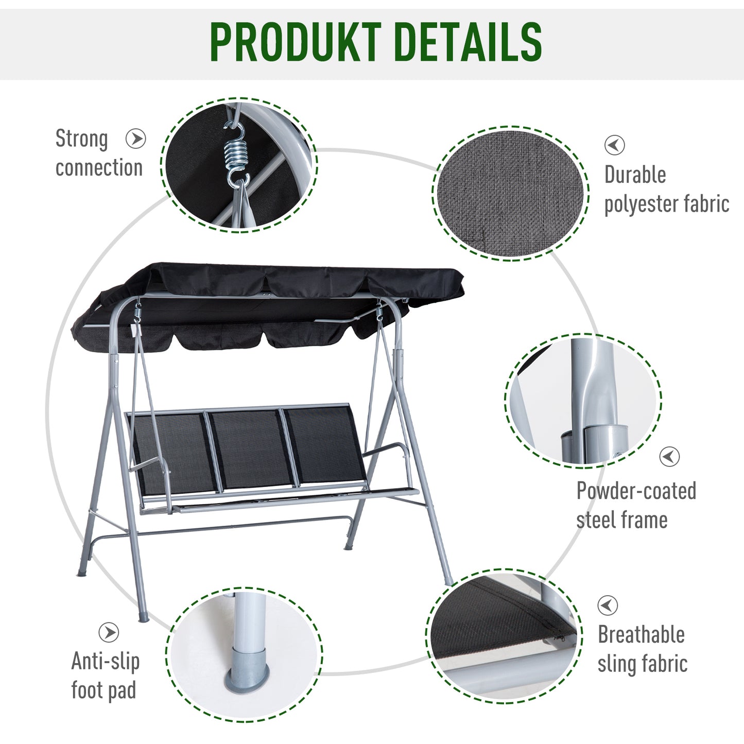 3 Seater Patio Swing Chair Garden Hammock Bench Rock Shelter Shade Metal Black