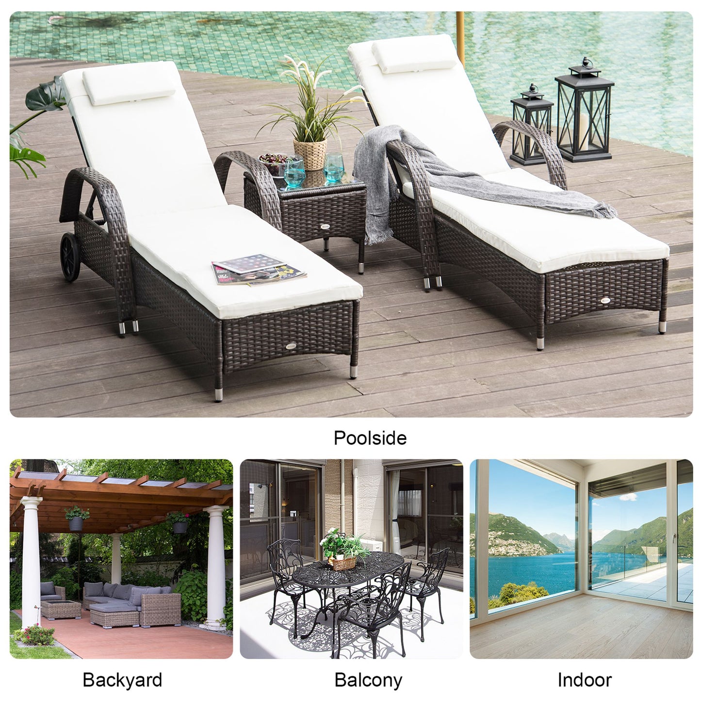 3 Pieces Patio Lounge Chair Set, Garden Wicker Wheeling Lounger Outdoor Daybed, PE Rattan Lounge Chairs w/Cushions & Side Coffee Table Brown