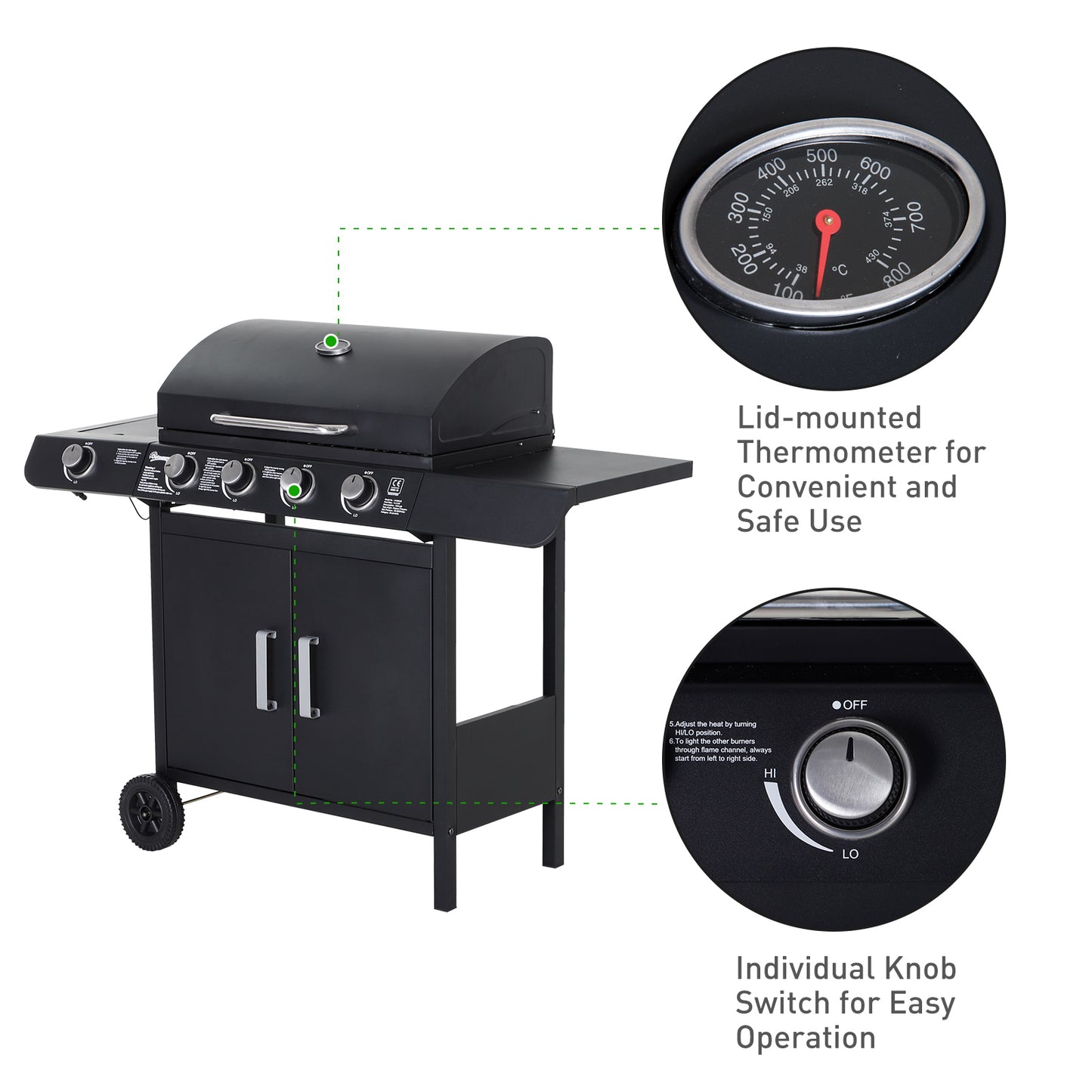 4+1 Gas Burner Grill BBQ Trolley Backyard Garden Smoker Side Burner Barbecue w/ Storage Side Table Wheels
