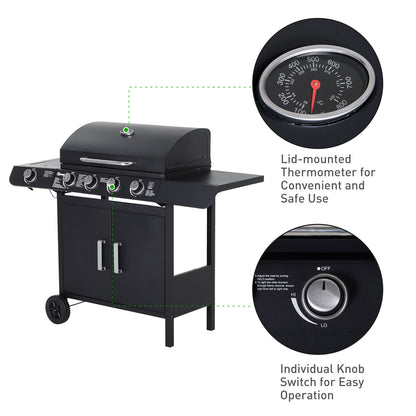 4+1 Gas Burner Grill BBQ Trolley Backyard Garden Smoker Side Burner Barbecue w/ Storage Side Table Wheels