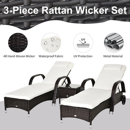 3 Pieces Patio Lounge Chair Set, Garden Wicker Wheeling Lounger Outdoor Daybed, PE Rattan Lounge Chairs w/Cushions & Side Coffee Table Brown