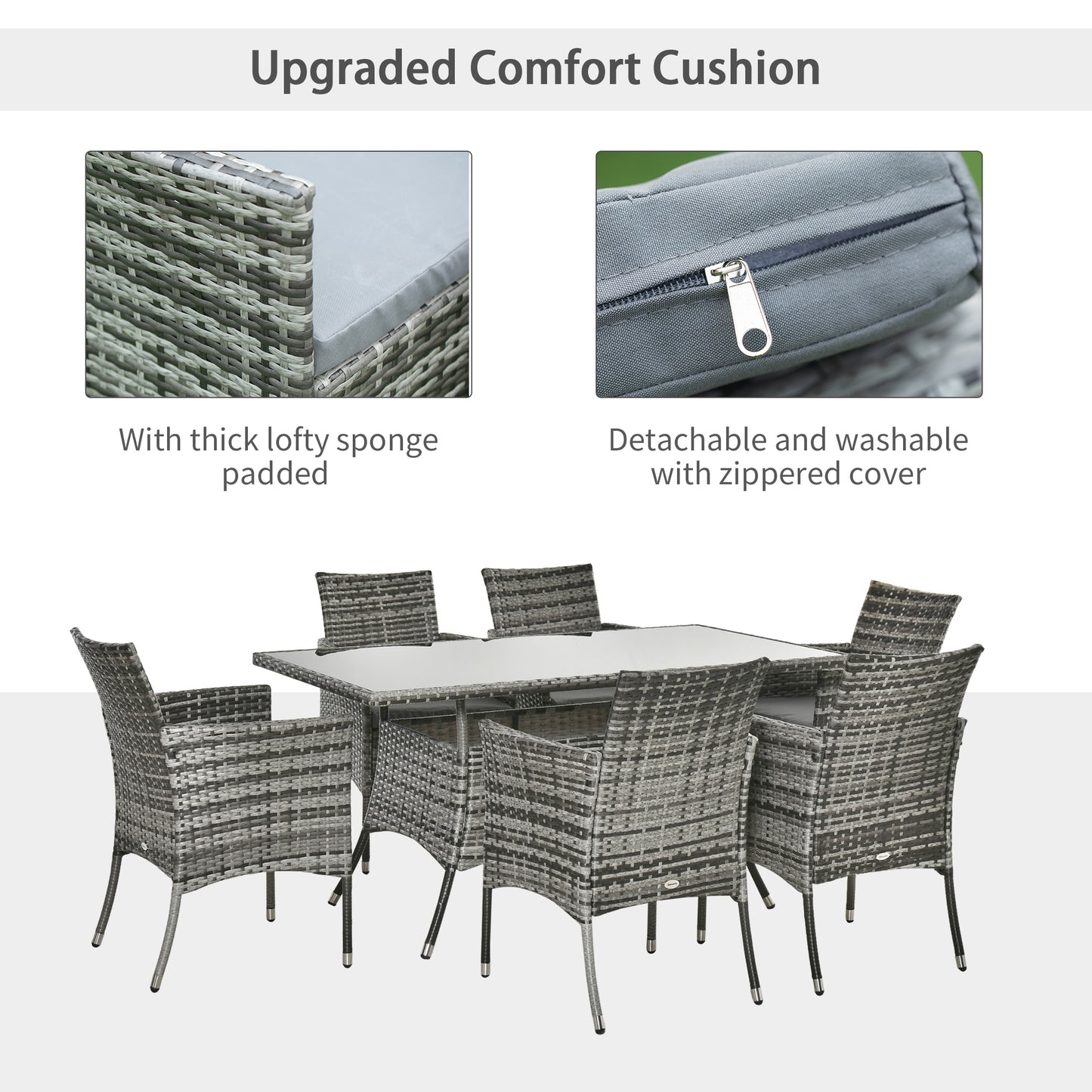 6-Seater Rattan Dining Set Garden Furniture Patio Rectangular Table Cube Chairs Outdoor Fire Retardant Sponge Grey