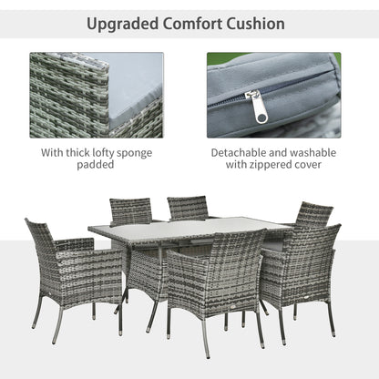 6-Seater Rattan Dining Set Garden Furniture Patio Rectangular Table Cube Chairs Outdoor Fire Retardant Sponge Grey