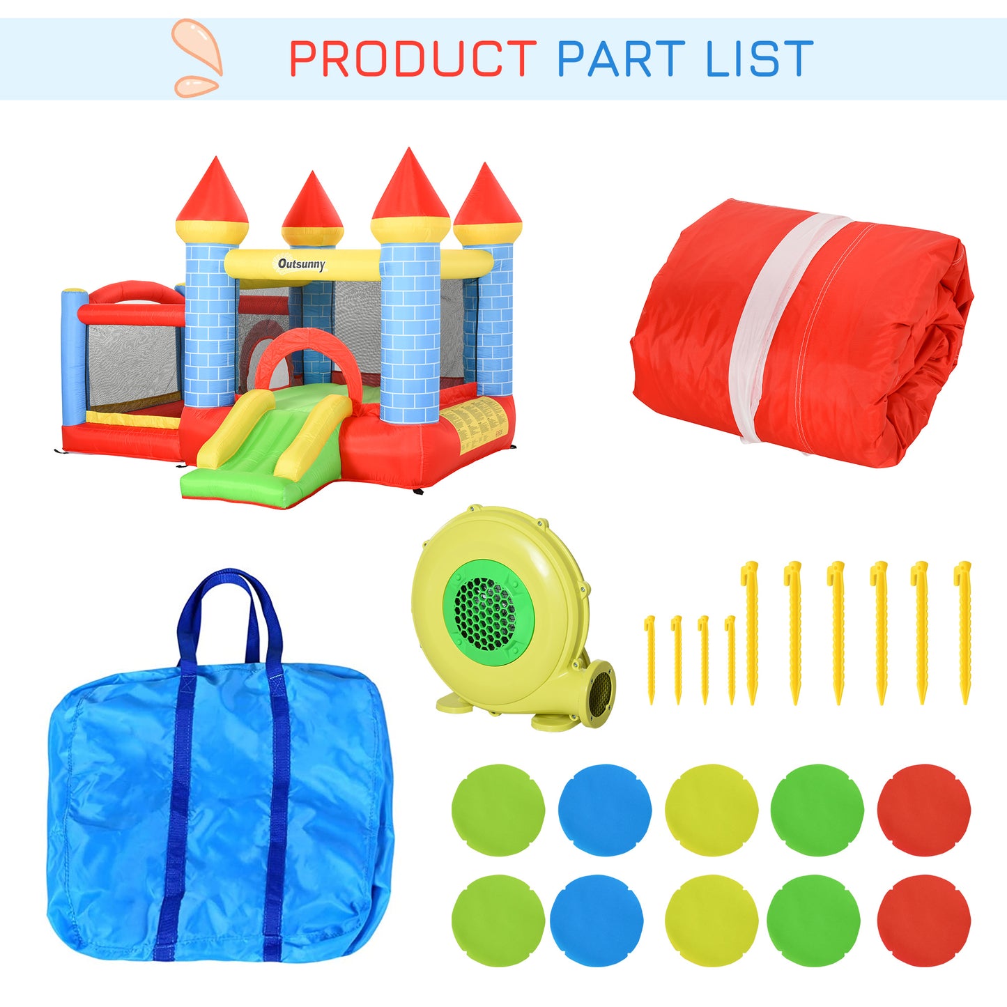 Kids Bounce Castle House Inflatable Trampoline Slide Water Pool Basket 4 in 1 with Inflator for Kids Age 3-10 Castle Design 3 x 2.75 x 2.1m
