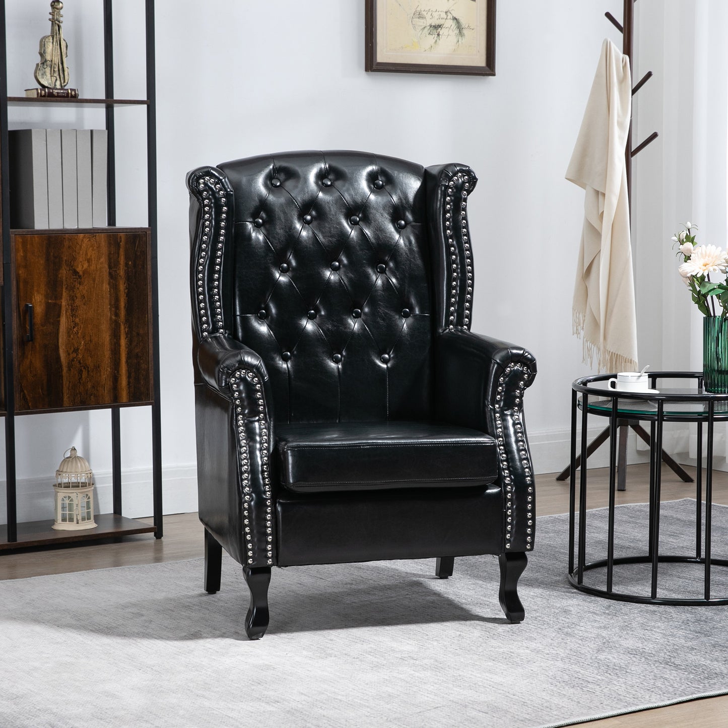 Wingback Armchair, Chesterfield-style High Back Fireside Chair, Tufted Upholstered Accent Chair with Nailhead Trim for Living Room, Bedroom, Home Office, Black