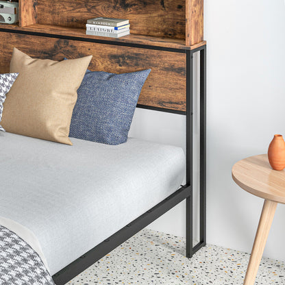 Industrial King Bed Frame, 5.2FT Steel Bed Base with Storage Headboard, Footboard, Rustic Brown