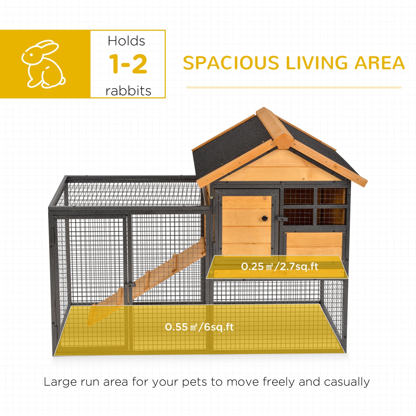 Wood-metal Rabbit Hutch Elevated Guinea Pig House Pet Bunny Cage with Slide-Out Tray Lockable Door Outdoor 122 x 63 x 92cm Light Yellow