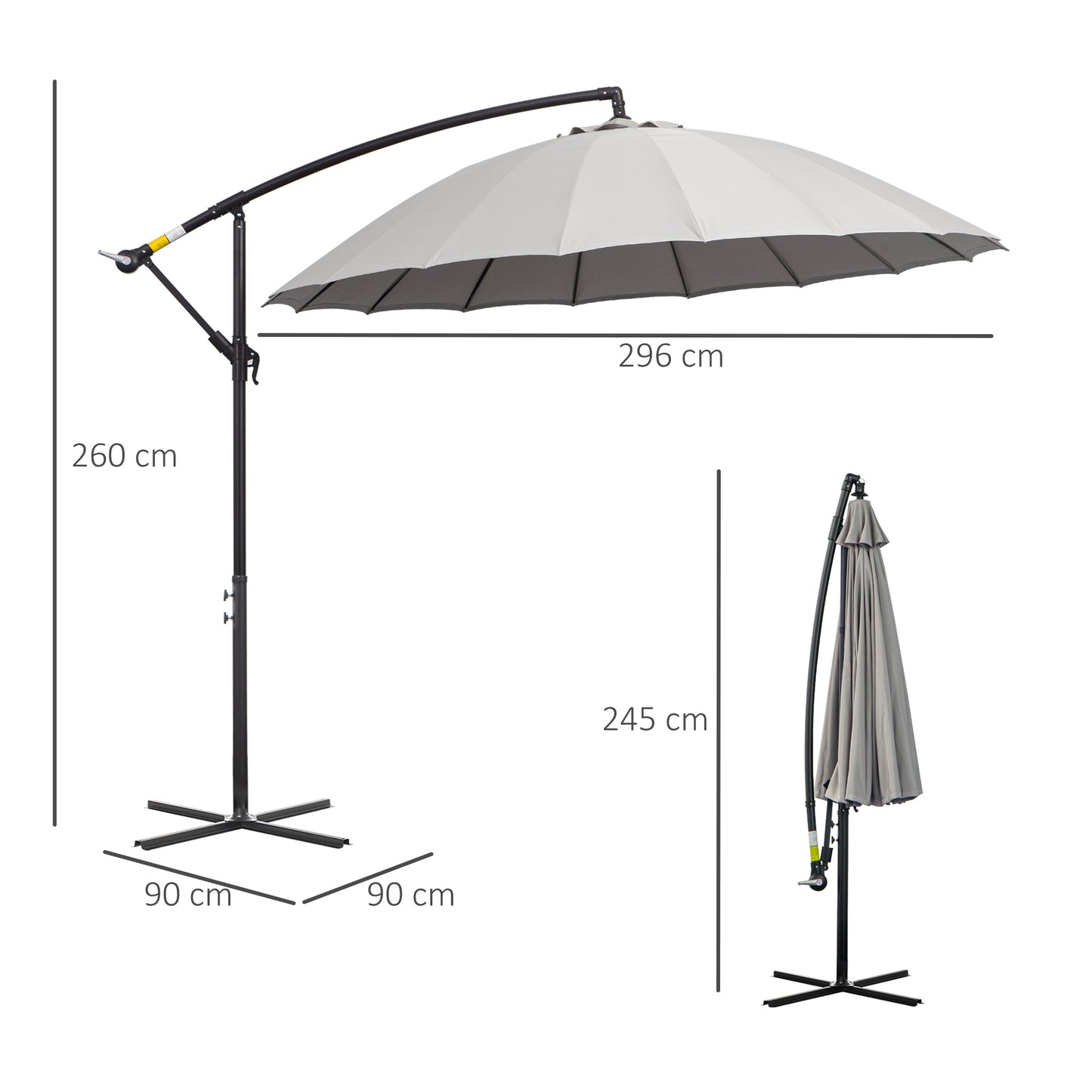 3(m) Cantilever Garden Hanging Banana Sun Umbrella with Crank Handle, 18 Sturdy Ribs and Cross Base, Grey