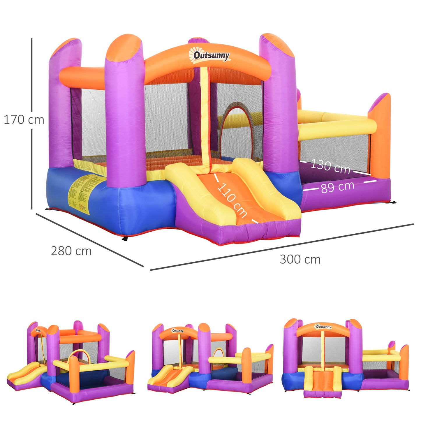 Kids Bounce Castle House Inflatable Trampoline Slide Water Pool 3 in 1 with Inflator for Kids Age 3-12 Multi-color 3 x 2.8 x 1.7m