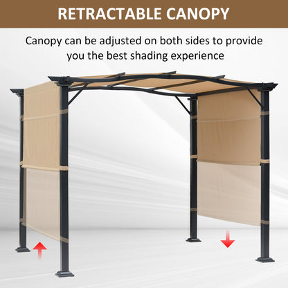 Outdoor Retractable Pergola Garden Gazebo with Two Adjustable Side Canopy Overhead Sun Shade Backyard Canopy Cover, Steel Khaki 3x2.45x2.3m