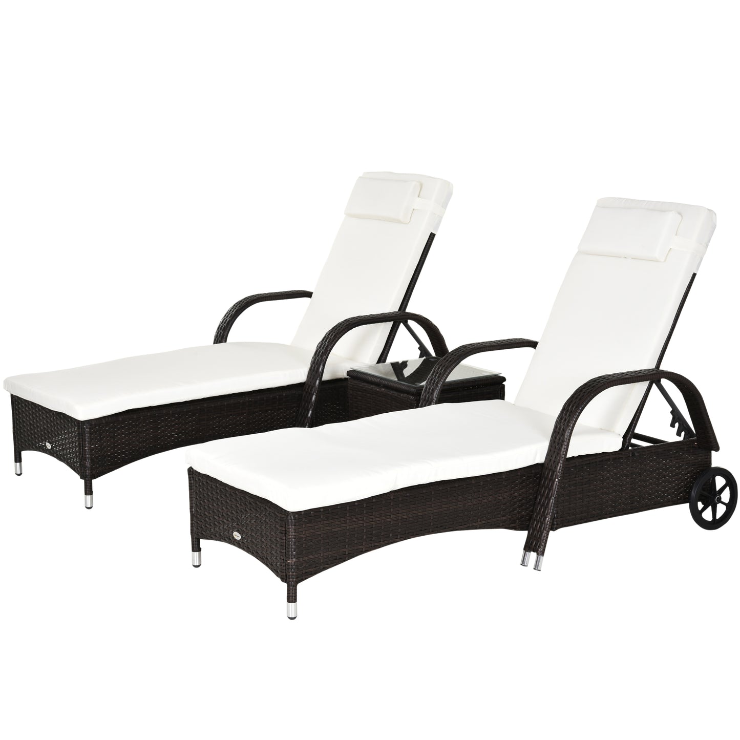 3 Pieces Patio Lounge Chair Set, Garden Wicker Wheeling Lounger Outdoor Daybed, PE Rattan Lounge Chairs w/Cushions & Side Coffee Table Brown