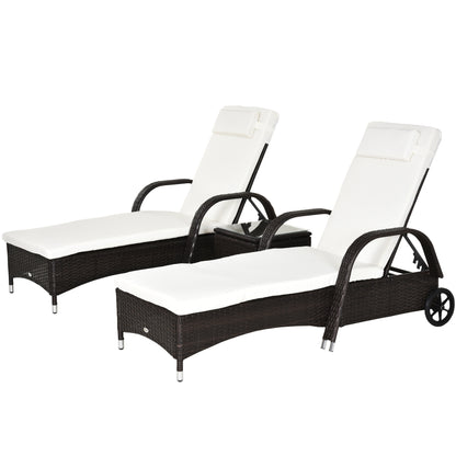 3 Pieces Patio Lounge Chair Set, Garden Wicker Wheeling Lounger Outdoor Daybed, PE Rattan Lounge Chairs w/Cushions & Side Coffee Table Brown