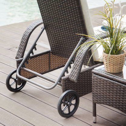 3 Pieces Patio Lounge Chair Set, Garden Wicker Wheeling Lounger Outdoor Daybed, PE Rattan Lounge Chairs w/Cushions & Side Coffee Table Brown