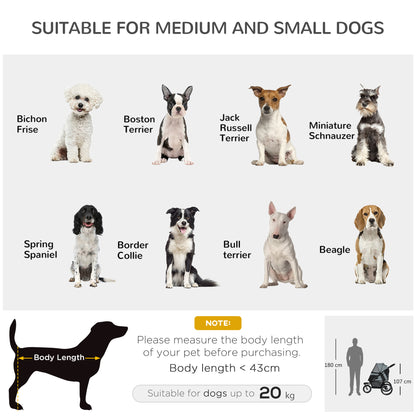 Pet Stroller Jogger for Medium, Small Dogs, Foldable Cat Pram Dog Pushchair w/ Adjustable Canopy, 3 Big Wheels - Grey