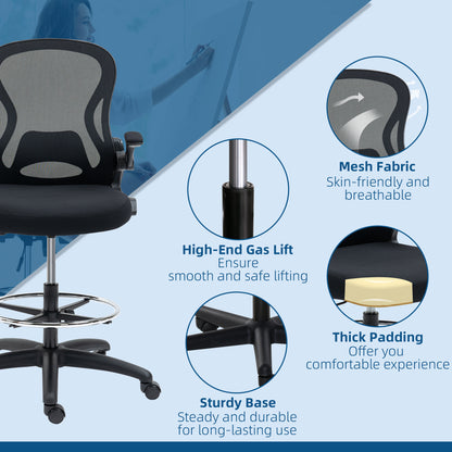 Adjustable Standing Desk Chair with Flip-up Armrests Lumbar Support Armrests Adjustable Footrest Ring Black