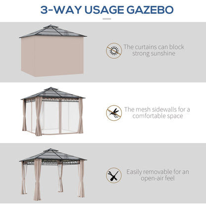 3 x 3m Outdoor Polycarbonate Gazebo with Double Roof, Galvanised Steel Frame and Curtains