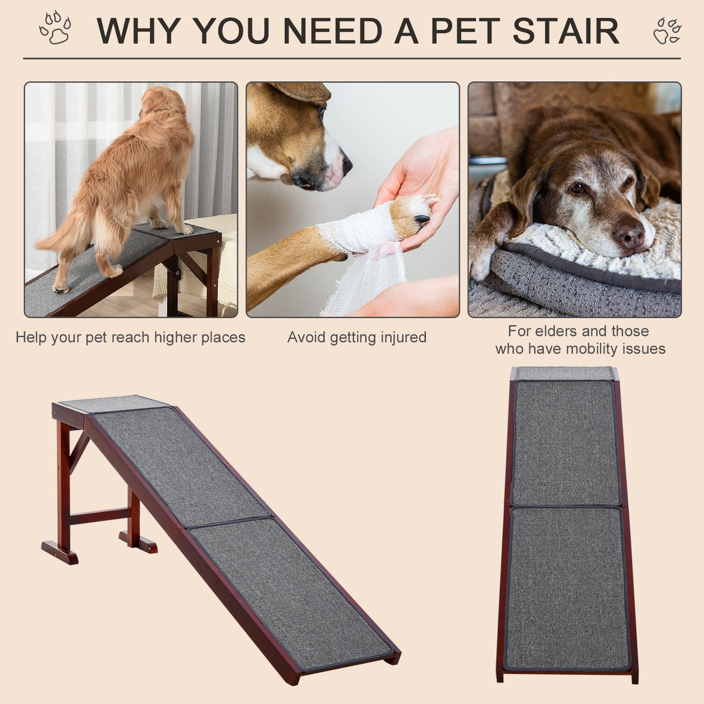Pet Ramp for Dogs Cats Non-Slip Carpet Top Platform - Brown & Grey