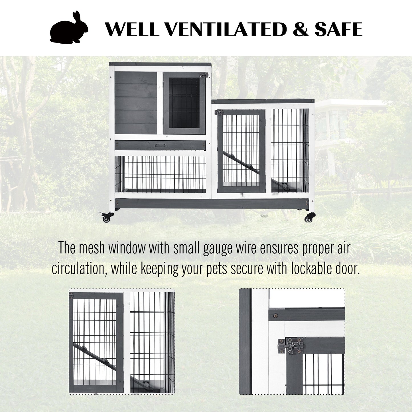 Wooden Indoor Rabbit Hutch Guinea Pig House Bunny Small Animal Cage W/ Wheels Enclosed Run 110 x 50 x 86 cm, Grey