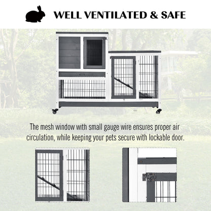 Wooden Indoor Rabbit Hutch Guinea Pig House Bunny Small Animal Cage W/ Wheels Enclosed Run 110 x 50 x 86 cm, Grey