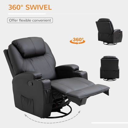Recliner Armchair Massage Swivel PU Leather Reclining Chairs with Adjustable Leg Rest, Cup Holder, Side Pocket, for Home Living Room, Black