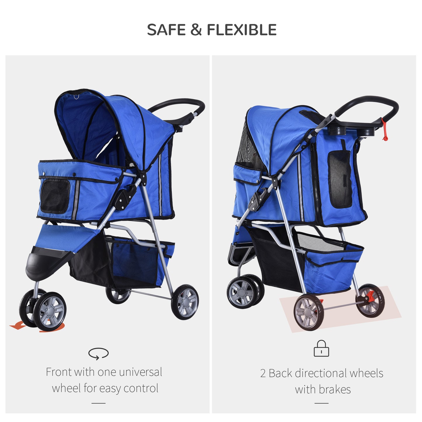 Pet Travel Stroller Cat Dog Pushchair Trolley Puppy Jogger Carrier Three Wheels for Small Miniature Dogs(Blue)