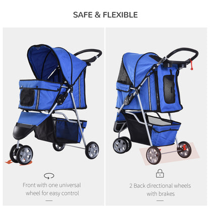 Pet Travel Stroller Cat Dog Pushchair Trolley Puppy Jogger Carrier Three Wheels for Small Miniature Dogs(Blue)