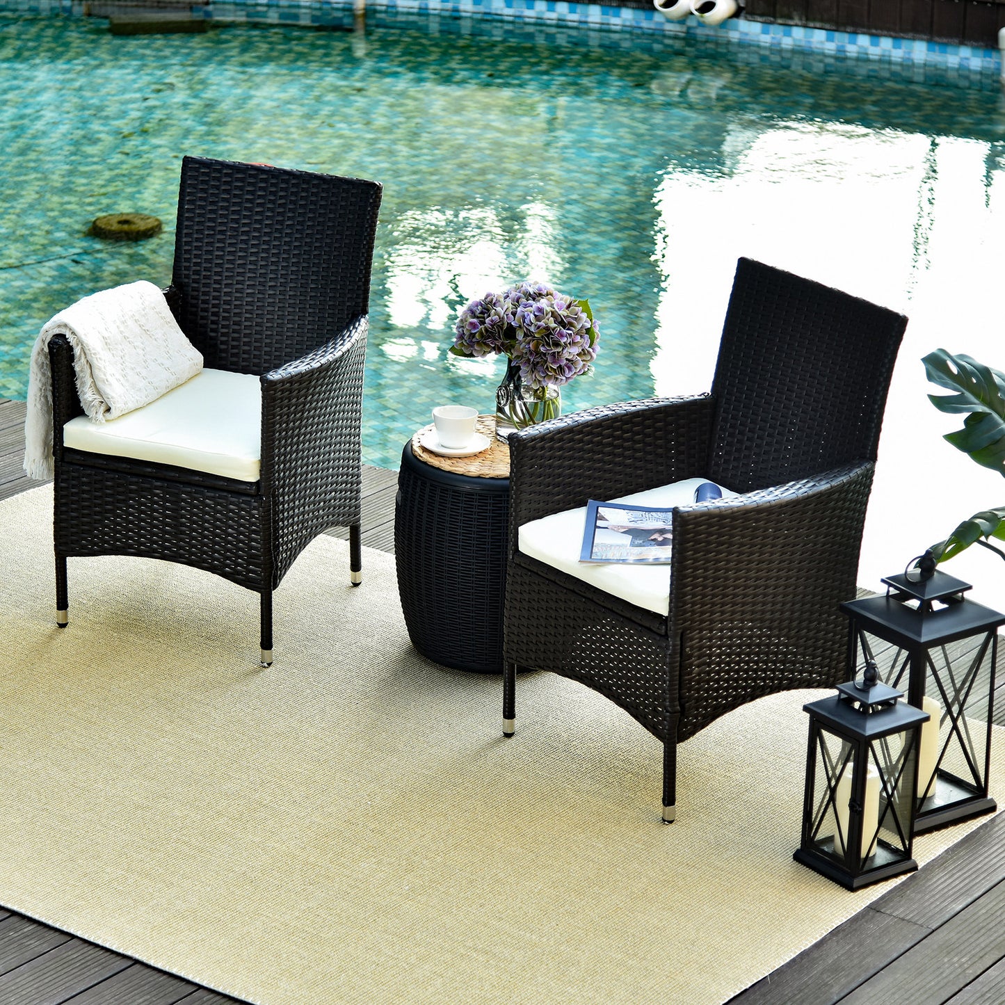 Outsunny 2 PC Outdoor Rattan Armchair Dining Chair Garden Patio Furniture w/ Armrests Cushions Deep Coffee