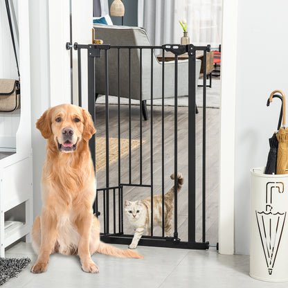 Extra Tall Dog Gate with Cat Flap, Pet Safety Gate for Doorways Stairs with Auto Close Double Locking, 104 cm Tall 74-80 cm Wide, Black
