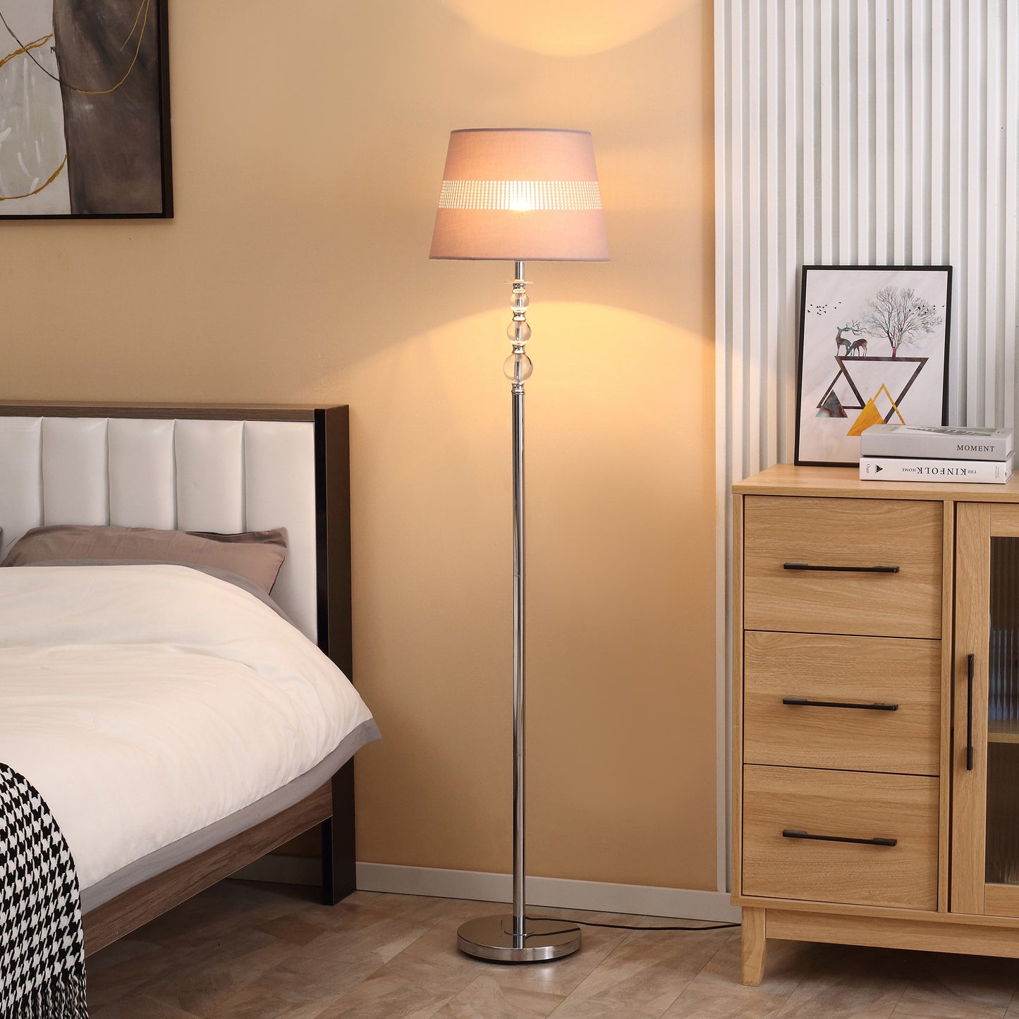 HOMCOM Floor Lamp with Hollow Out Fabric Shade, Chrome Base for Bedroom, Living Room, Study, 162cm, Grey