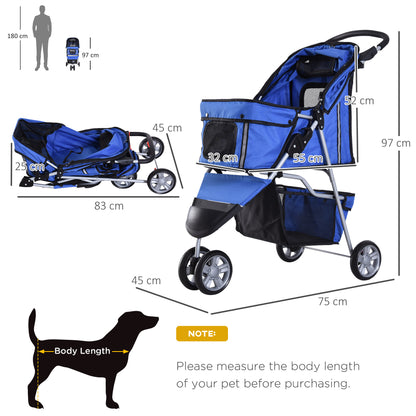 Pet Travel Stroller Cat Dog Pushchair Trolley Puppy Jogger Carrier Three Wheels for Small Miniature Dogs(Blue)