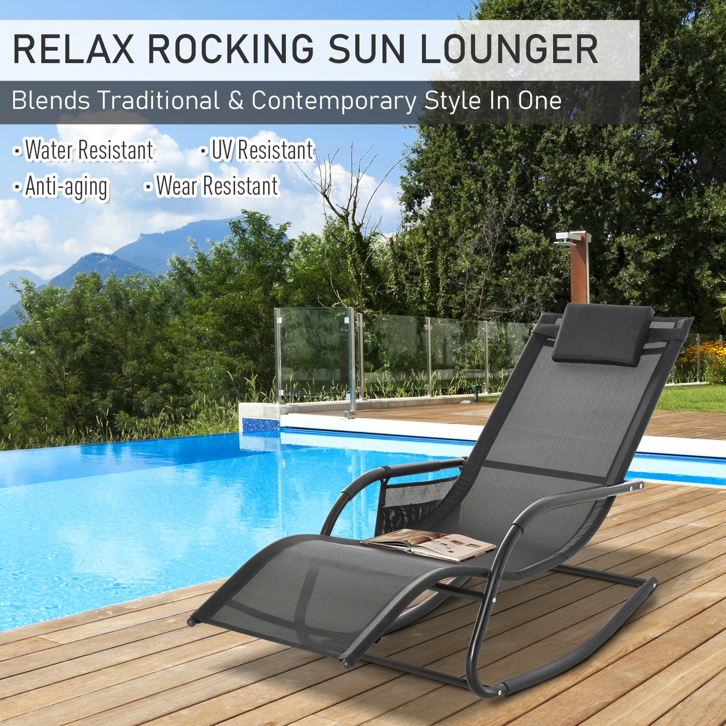 Breathable Mesh Rocking Chair Patio Rocker Lounge for Indoor & Outdoor Recliner Seat w/ Removable Headrest for Garden and Patio Black