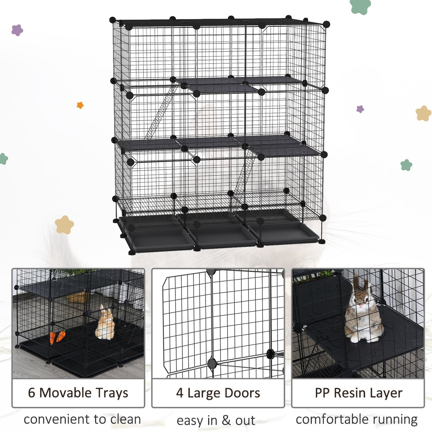 3 Level DIY Pet Playpen Metal Small Animal Cage Rabbit Ferret Chinchillas Cage 4 Doors Bottom Trays Black