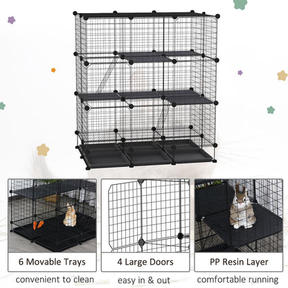 3 Level DIY Pet Playpen Metal Small Animal Cage Rabbit Ferret Chinchillas Cage 4 Doors Bottom Trays Black