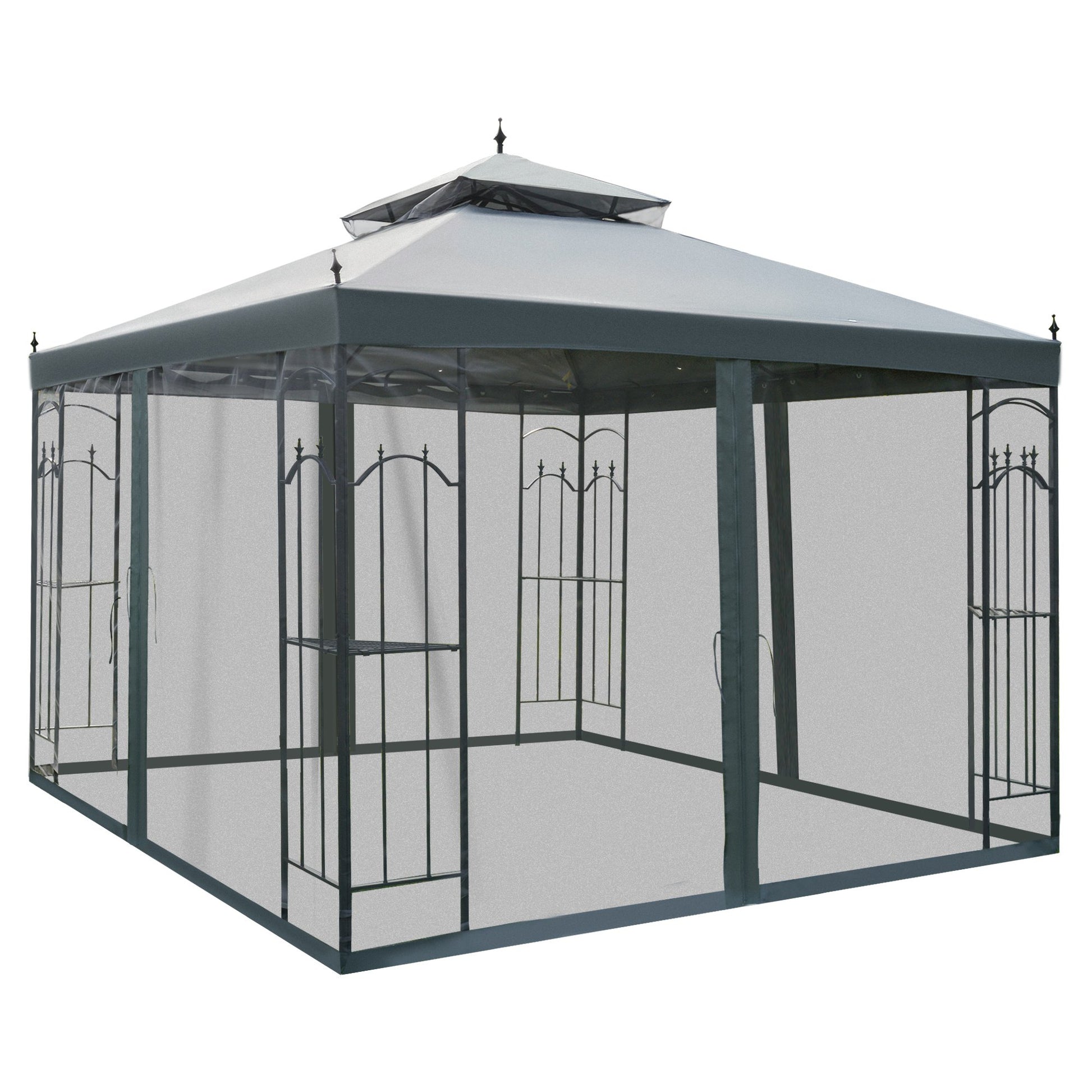 Outsunny 3(M)x3(M) Garden Gazebo Double Top Outdoor Canopy Patio Event Party Wedding Tent Backyard Sun Shade with Netting - Grey
