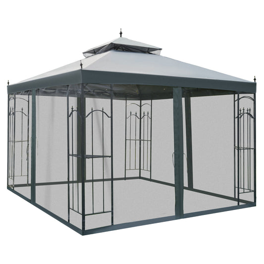 Outsunny 3(M)x3(M) Garden Gazebo Double Top Outdoor Canopy Patio Event Party Wedding Tent Backyard Sun Shade with Netting - Grey