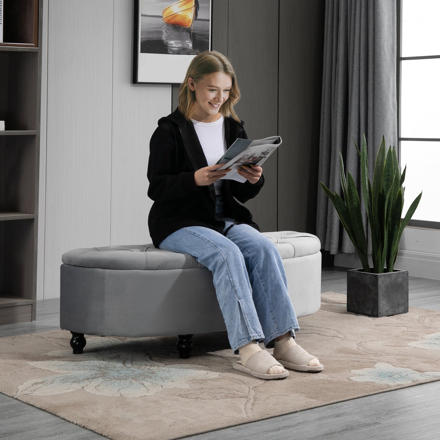 Semi-Circle Ottoman Storage Bench, Bed End Bench, Tufted Upholstered Window Seat Footrest