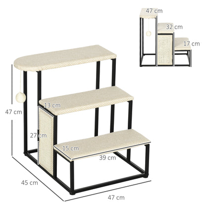 3 Steps Dog Stairs, Pet Steps for Cat for Sofa and Bed with Sisal Scratching Board, Hanging Toy Ball, 47 x 45 x 47cm - Cream White