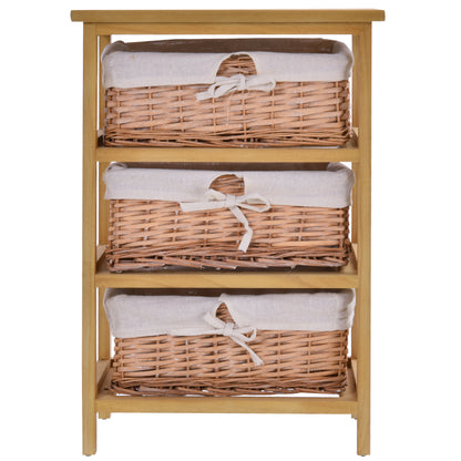 3 Drawer Dresser Wicker Basket Storage Shelf Unit Wooden Frame Home Organisation Cabinet Bedroom Office Furniture Natural Finish 58x40cm