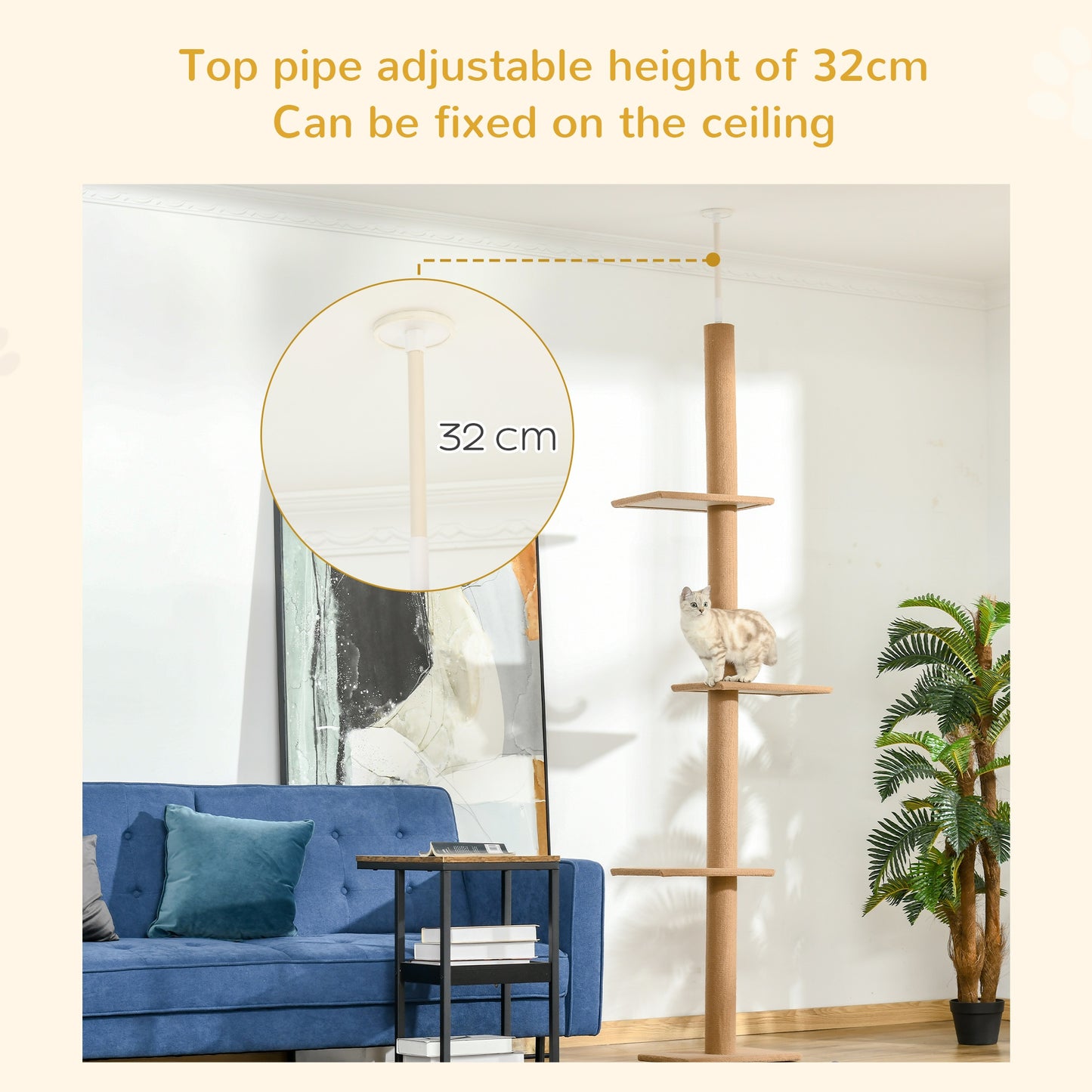 260cm Floor To Ceiling Cat Tree for Indoor Cats w/ Three Platforms Activity Centre - Brown