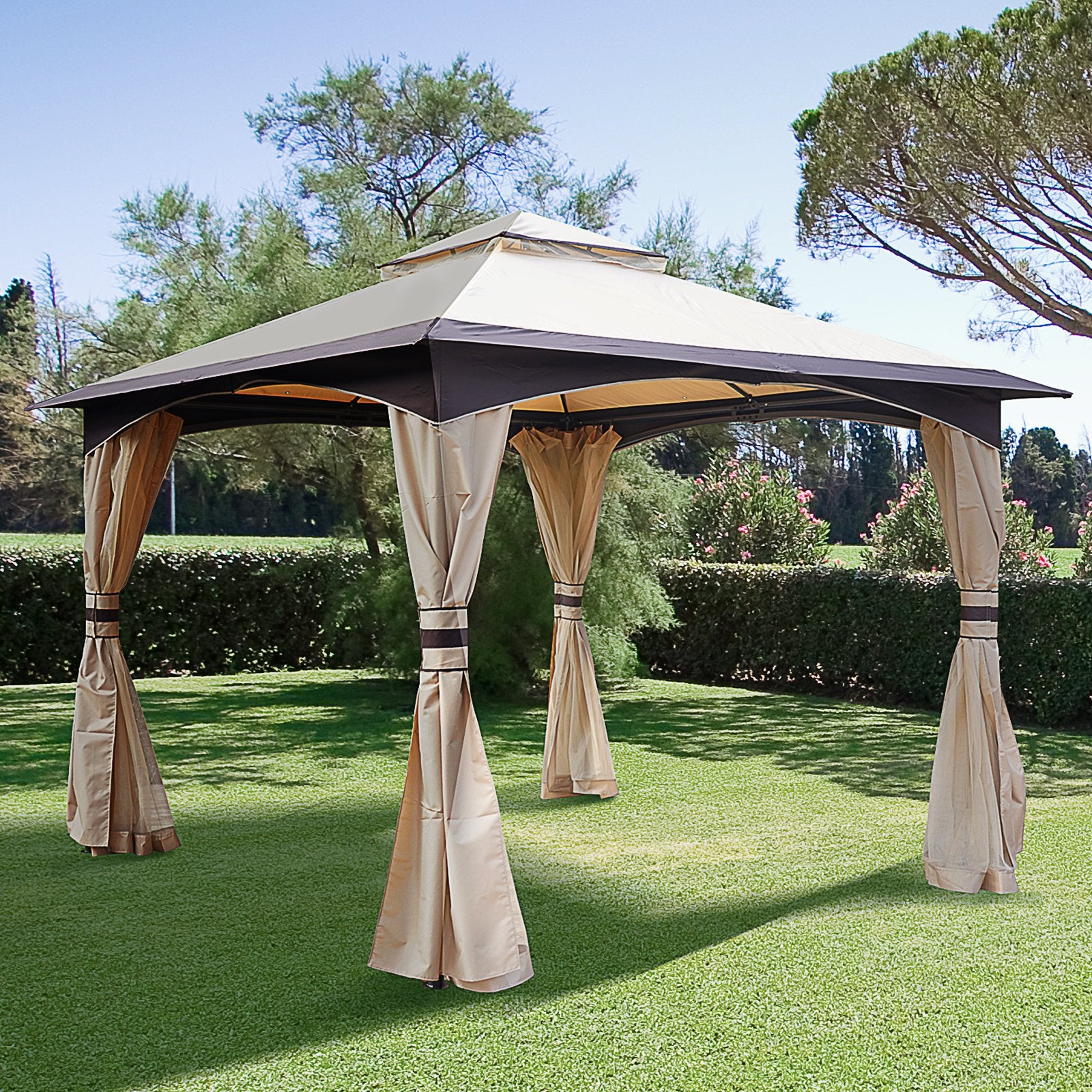 Outsunny 3.2 x 3.2m Garden Gazebo, Double Roof Outdoor Gazebo Canopy Shelter with Netting, Solid Steel Frame for Garden, Lawn, Backyard and Deck