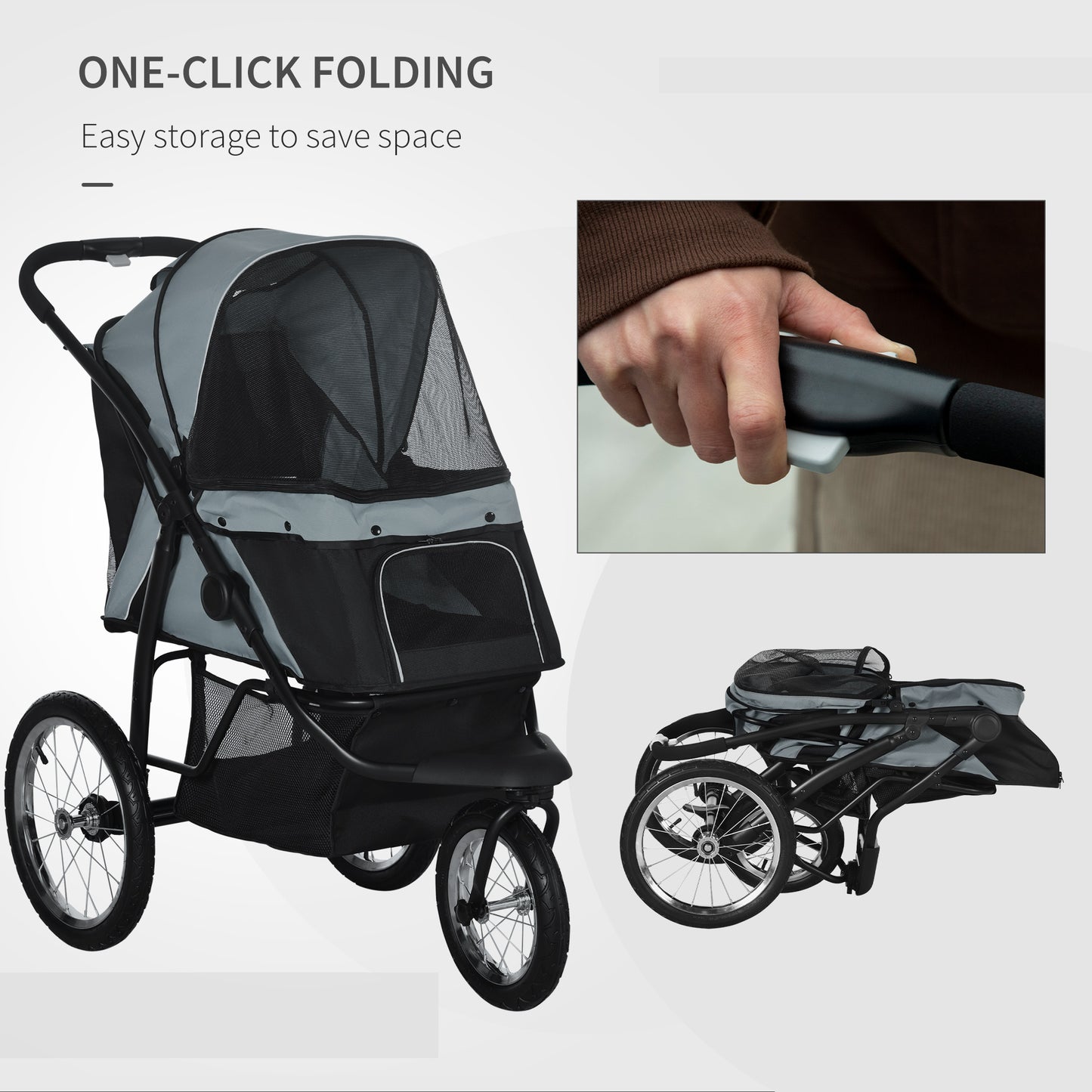 Pet Stroller Jogger for Medium, Small Dogs, Foldable Cat Pram Dog Pushchair w/ Adjustable Canopy, 3 Big Wheels - Grey