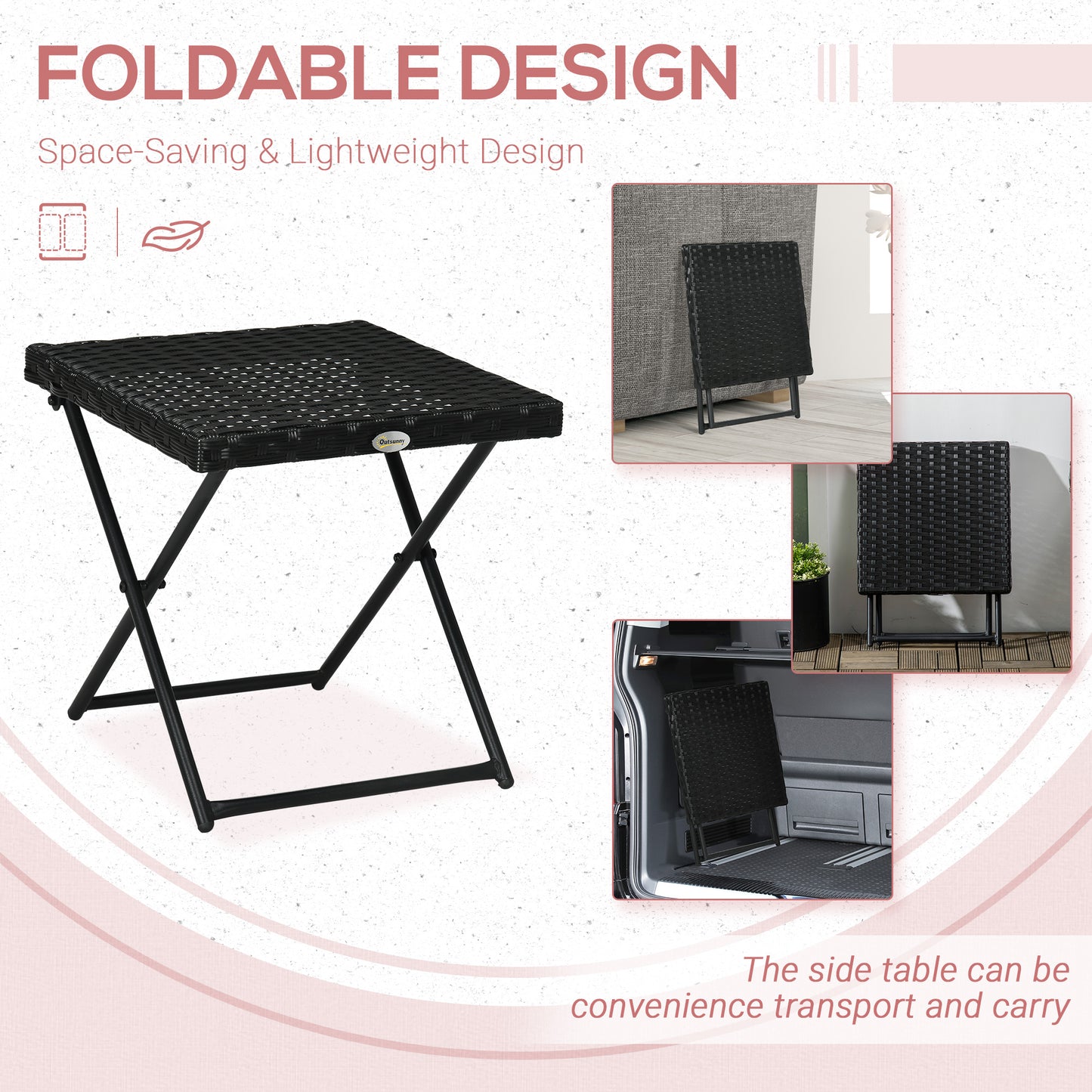 Outsunny Garden Small Folding Square Rattan Coffee Table Bistro Balcony Outdoor Wicker Weave Side Table 40H x 40L x 40Wcm Black