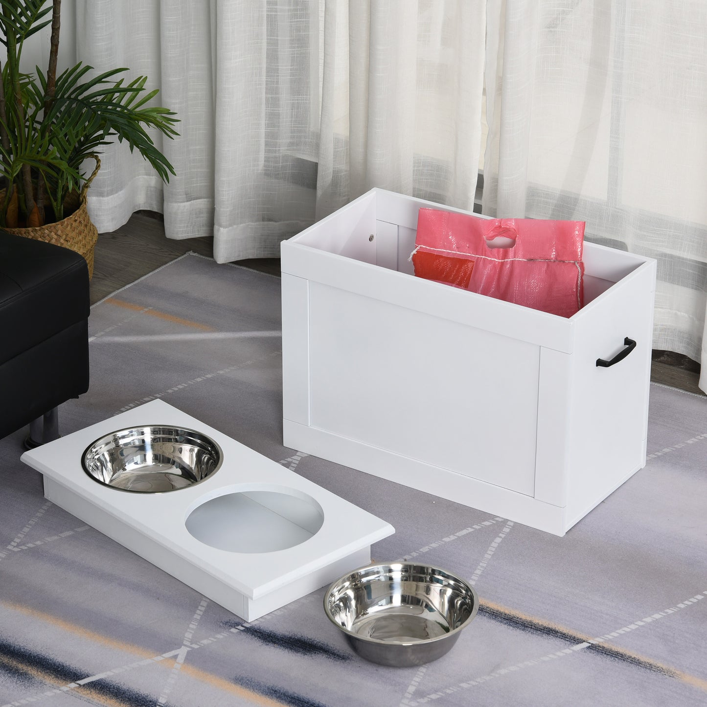 Raised Dog Bowls Pet Feeding Storage Station with 2 Stainless Steel Bowls Base for Large Dogs and Other Large Pets, White