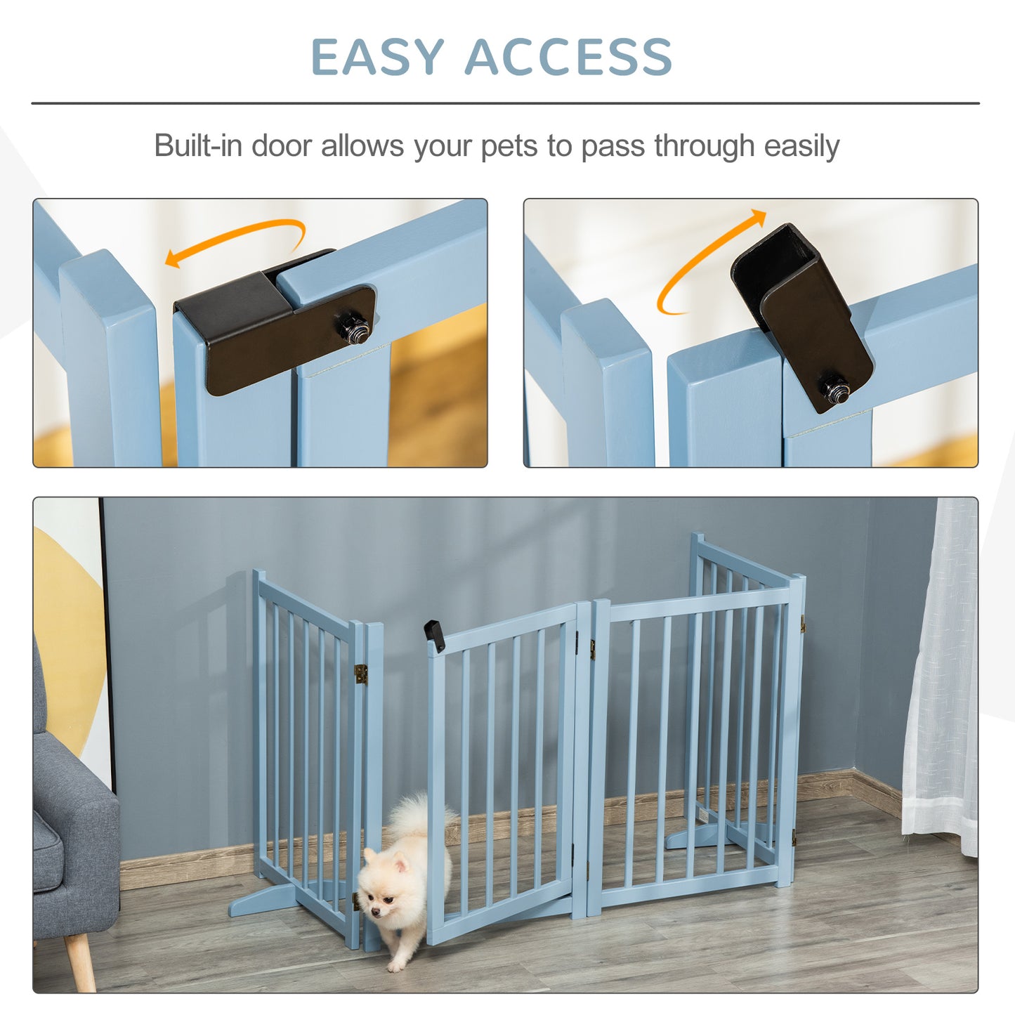 Freestanding Pet Gate for Small and Medium Dogs, Wooden Foldable Dog Safety Barrier with 4 Panels, 2 Support Feet, 80 cm Tall for Doorways, Stairs Blue-grey