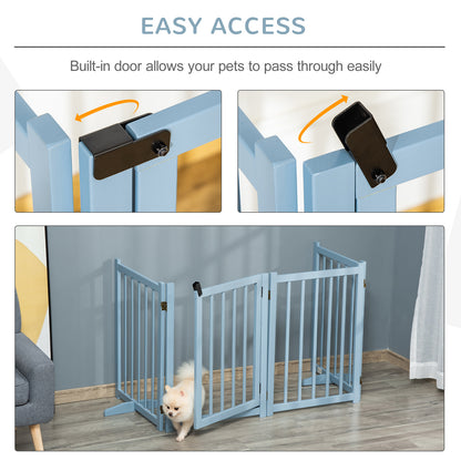 Freestanding Pet Gate for Small and Medium Dogs, Wooden Foldable Dog Safety Barrier with 4 Panels, 2 Support Feet, 80 cm Tall for Doorways, Stairs Blue-grey